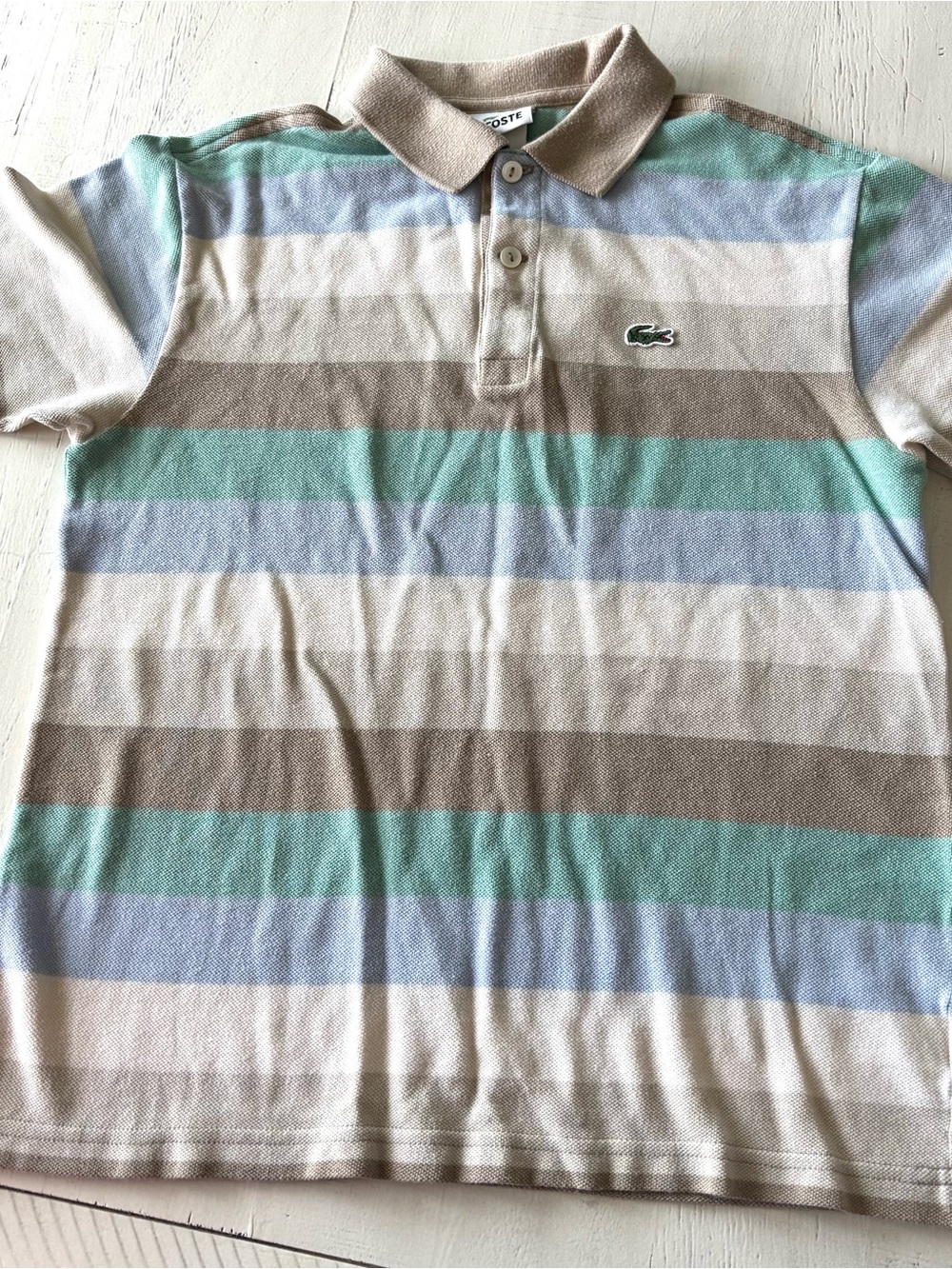 Vintage kids Lacoste Striped Polo in Mint, Light Blue & Taupe